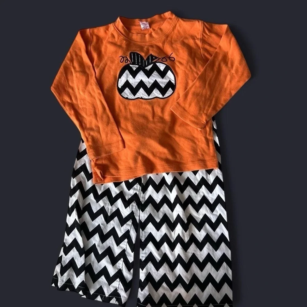 Fall Pumpkin Appliqué Orange Shirt & Chevron Pants Set Size 4, Halloween/Fall